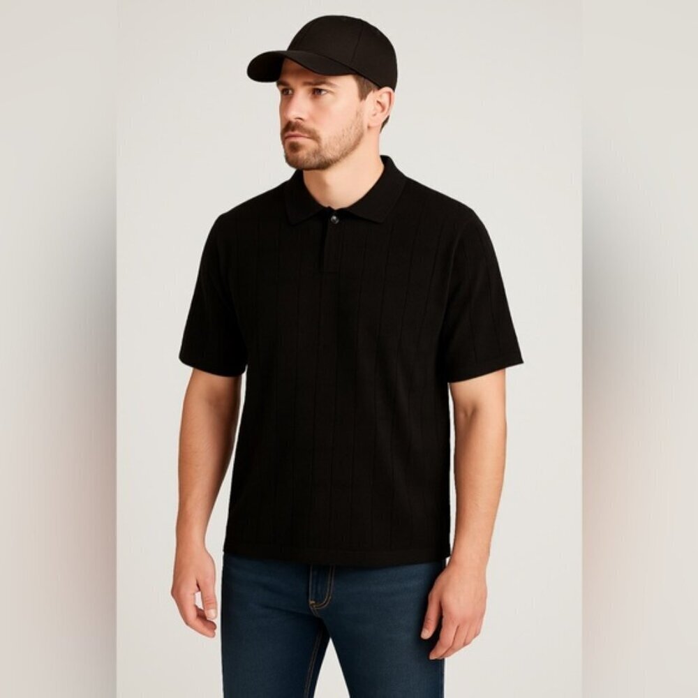 Baracuta Knit Textured Polo Shirt - Black - Size L